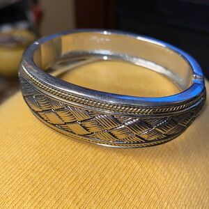 Vintage Chrome Silver & Gold Basket Weave Design Hinged Cuff Bracelet
